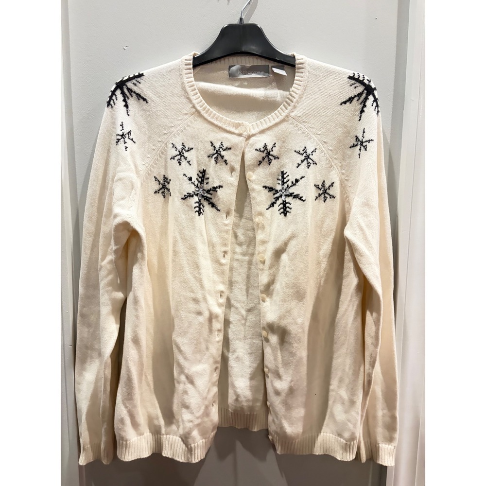 Liz Claiborne Womens Cream Snowflake Embroidered Cardigan Sweater Rhinestone M